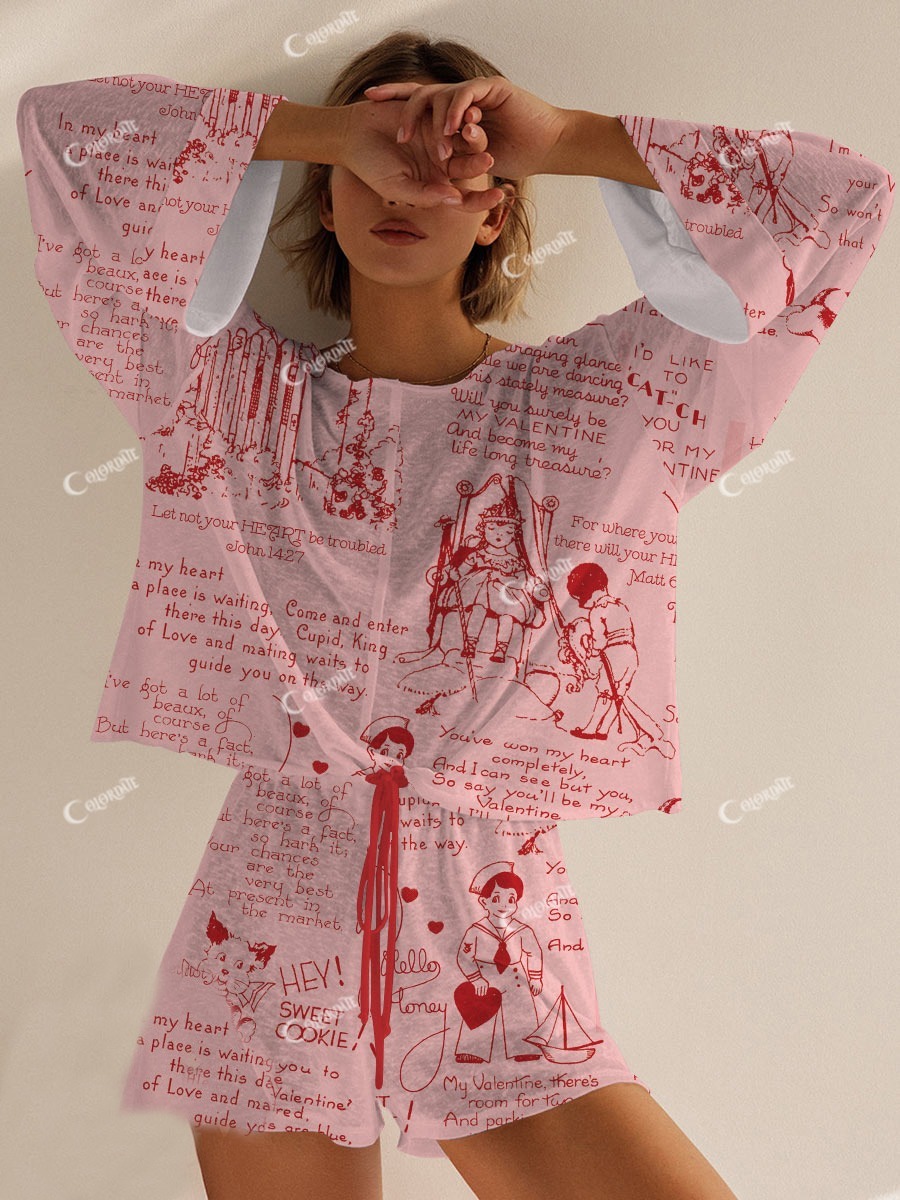 Women's Romantic Valentine's Day Pattern Long Sleeve Shorts Set