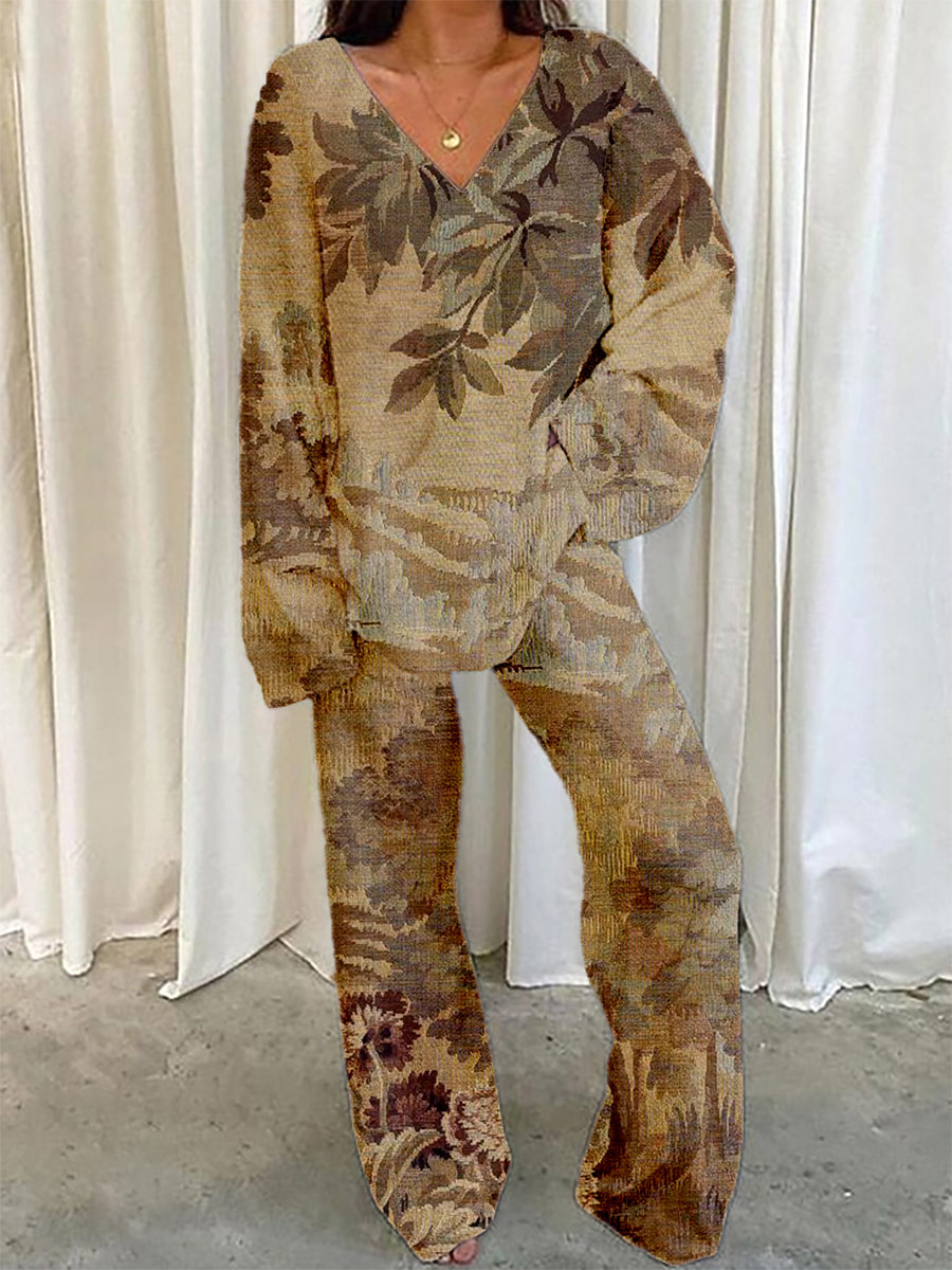 Women's Vintage Bohemian Floral Pattern V-Neck Long Sleeve Pants Suit