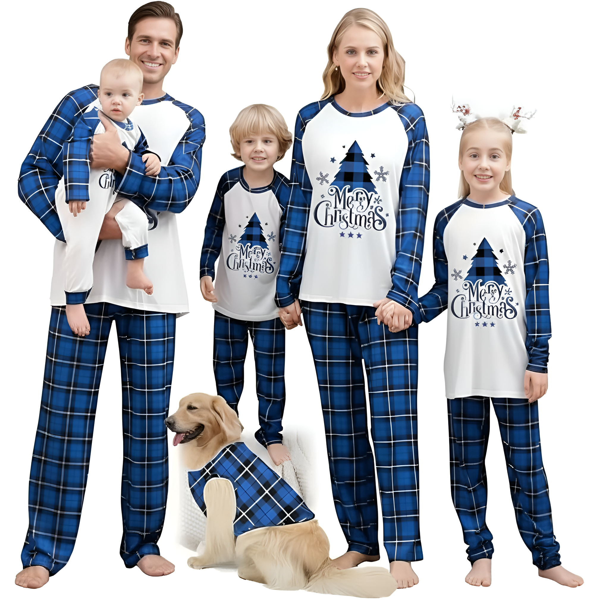 Merry Christmas Tree and Snowflake Print Pajama Set with Plaid Pants
