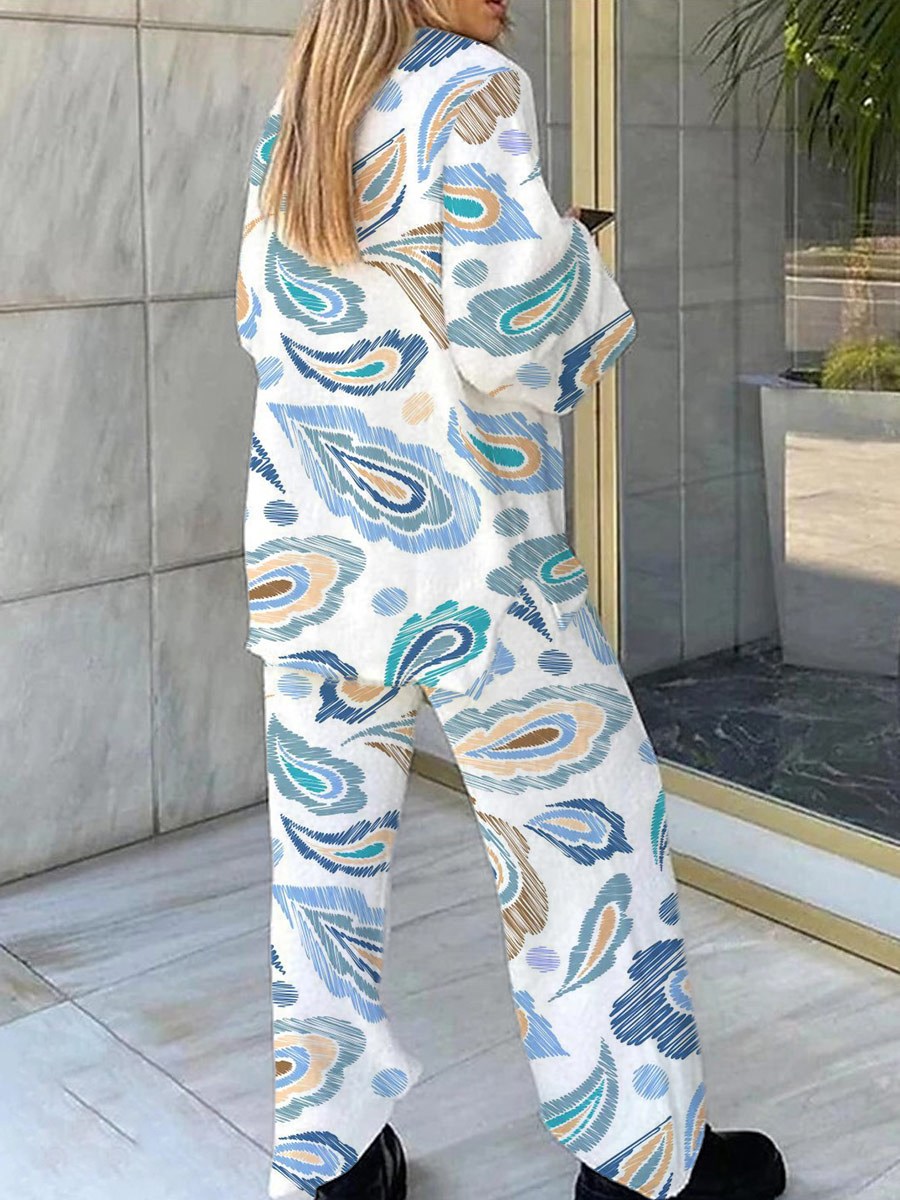 Women's Hand Painted Bohemian Pattern V-Neck Long Sleeve Pants Set