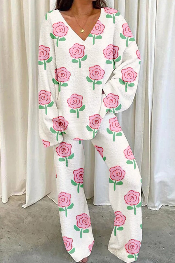 Women's Cartoon Floral Heart Printed Casual Homewear Set