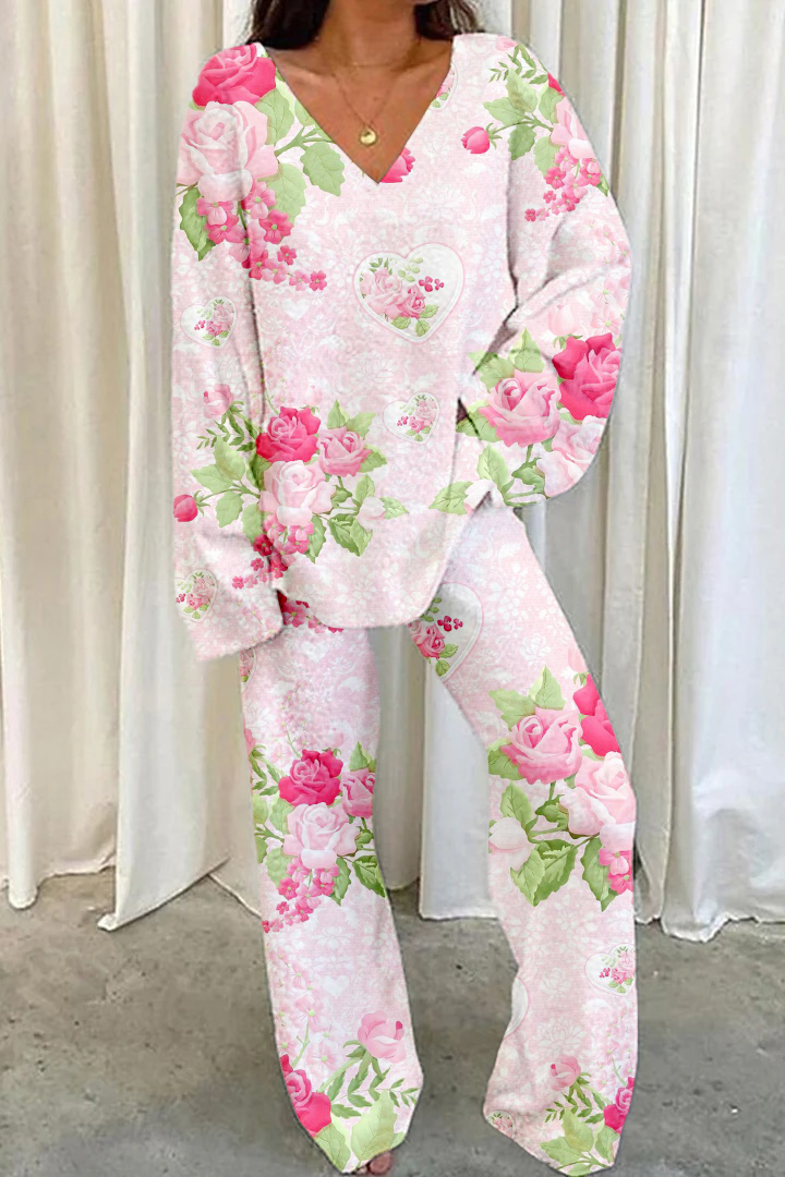 Women's Pink Floral Heart Printed Casual Homewear Set