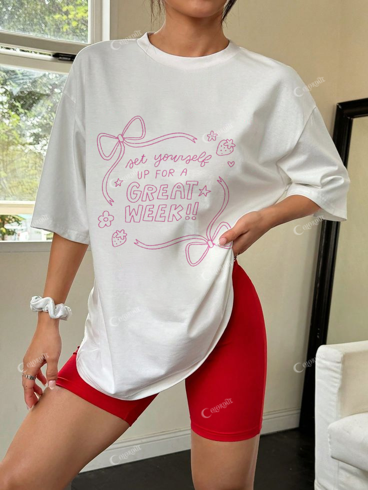 Great Week Bow Flower Pink Letter Cotton Casual T-Shirt