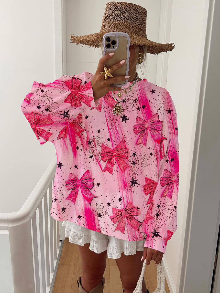 Women's Valentine's Day Bow Stripe Print Crewneck Sweatshirt