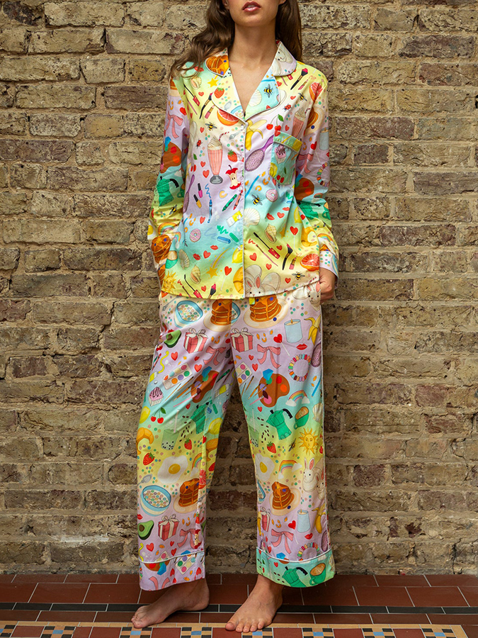 Women's Lapel Cute Ombre Print Long Sleeve Pajama Set