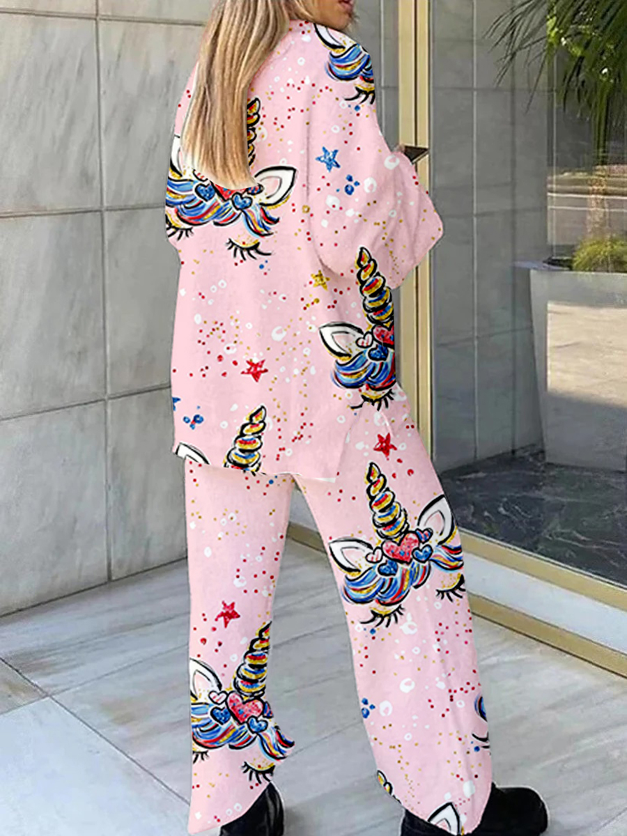 Women's Unicorn Print Home V Neck Long Sleeve Suit