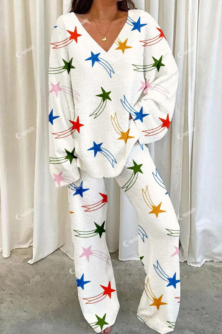 Women's Colorful Colorful Five Pointed Star Print Home V Neck Long Sleeve Suit