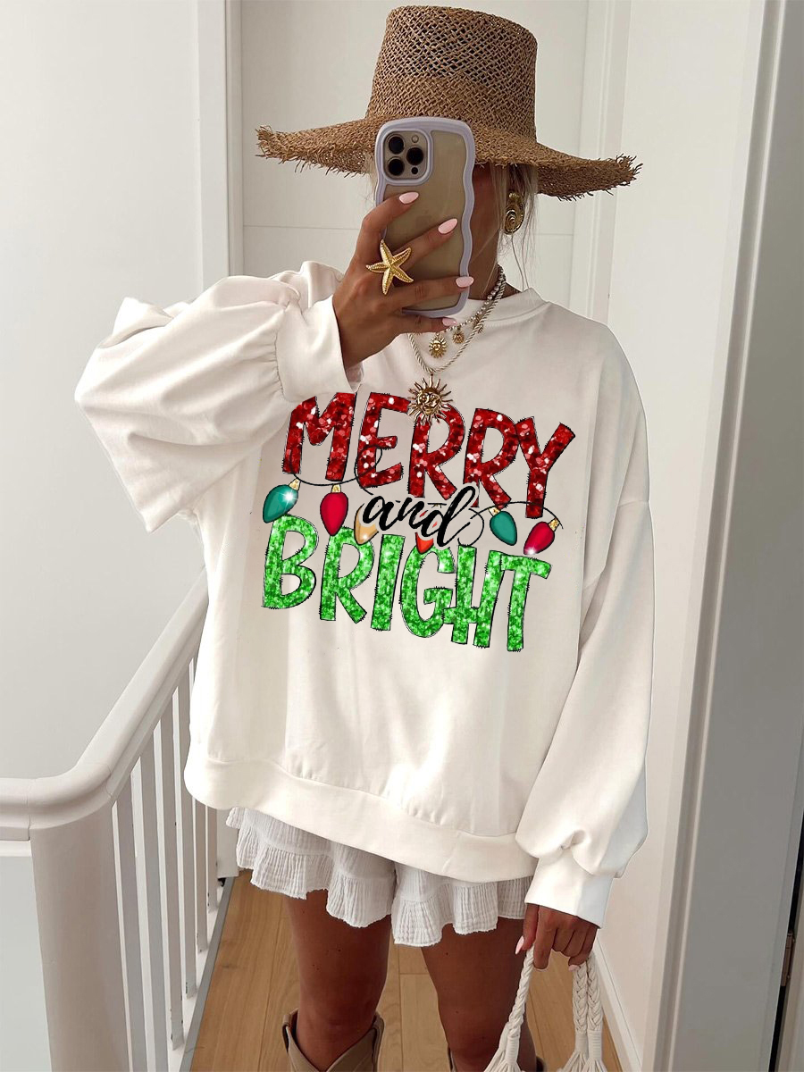 Women's Merry Christmas Colorful Light Bulb Letter Printed Casual Homewear Sweatshirt