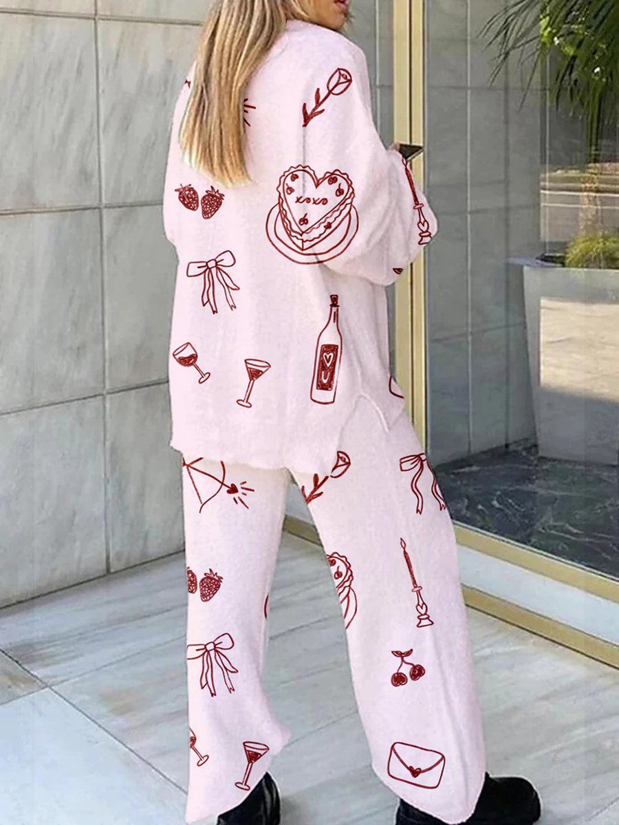 Women's Pink Cartoon Fun Letter Print Home V Neck Long Sleeve Suit