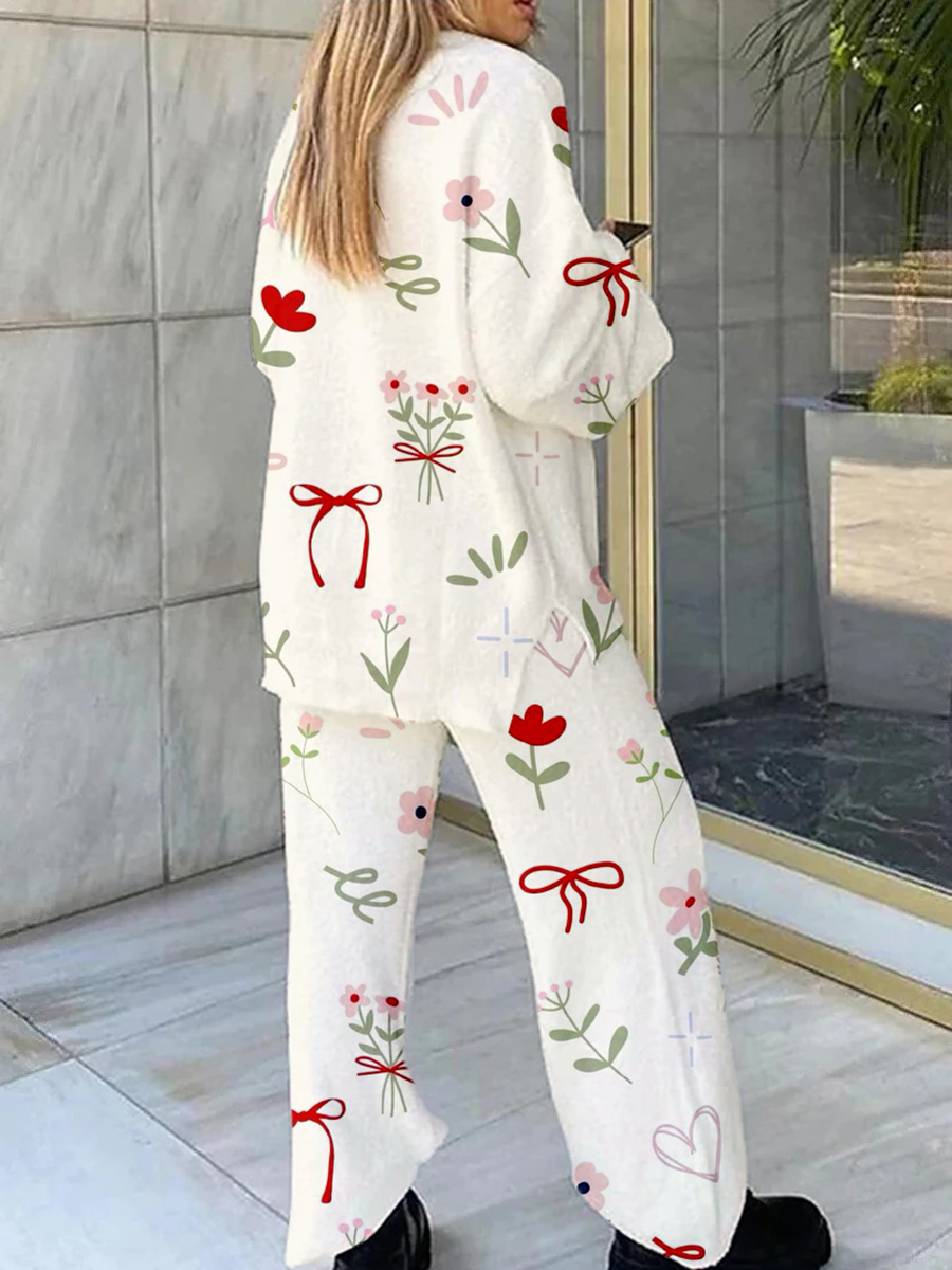 Women's Cartoon Flower Bow Print Home V Neck Long Sleeve Suit