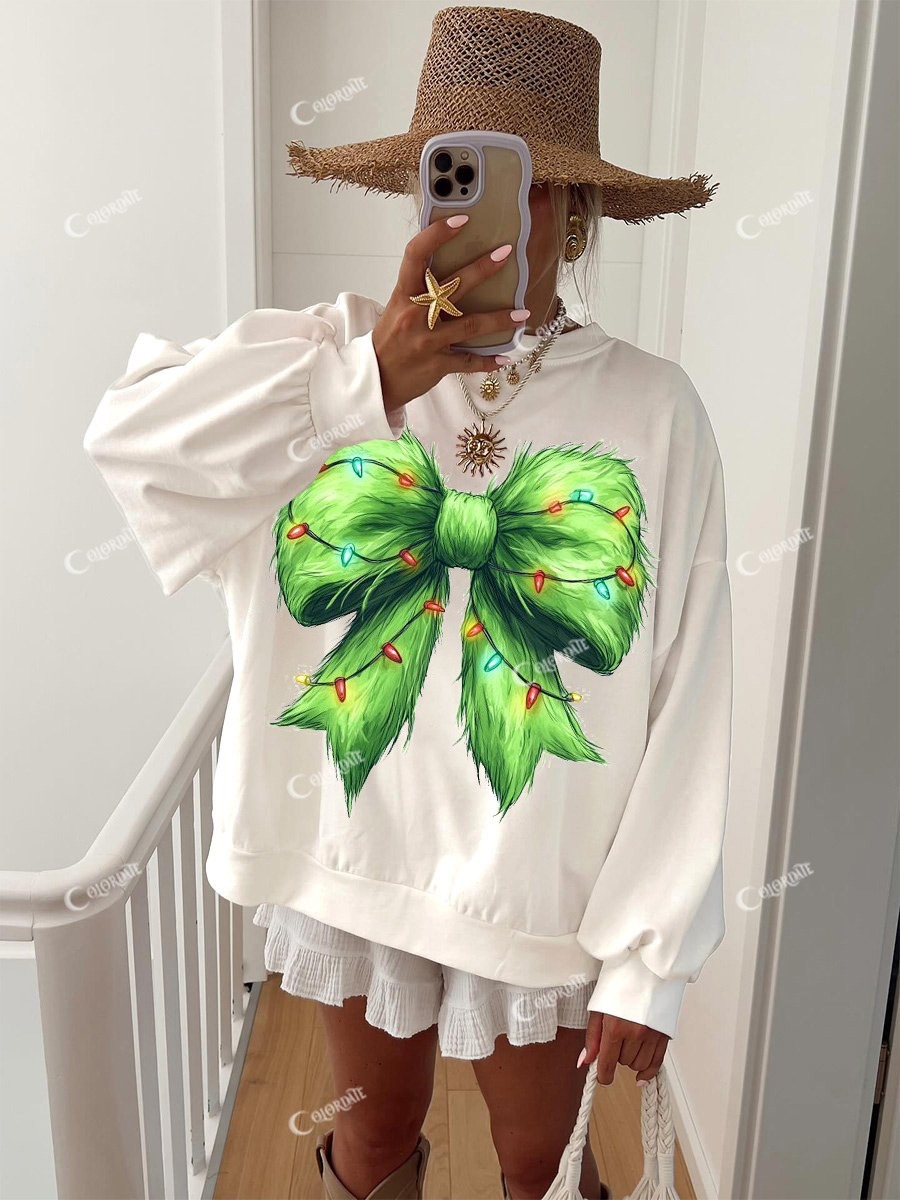 Women's Christmas Green Color Light Bulb Bow Print Sweatshirt