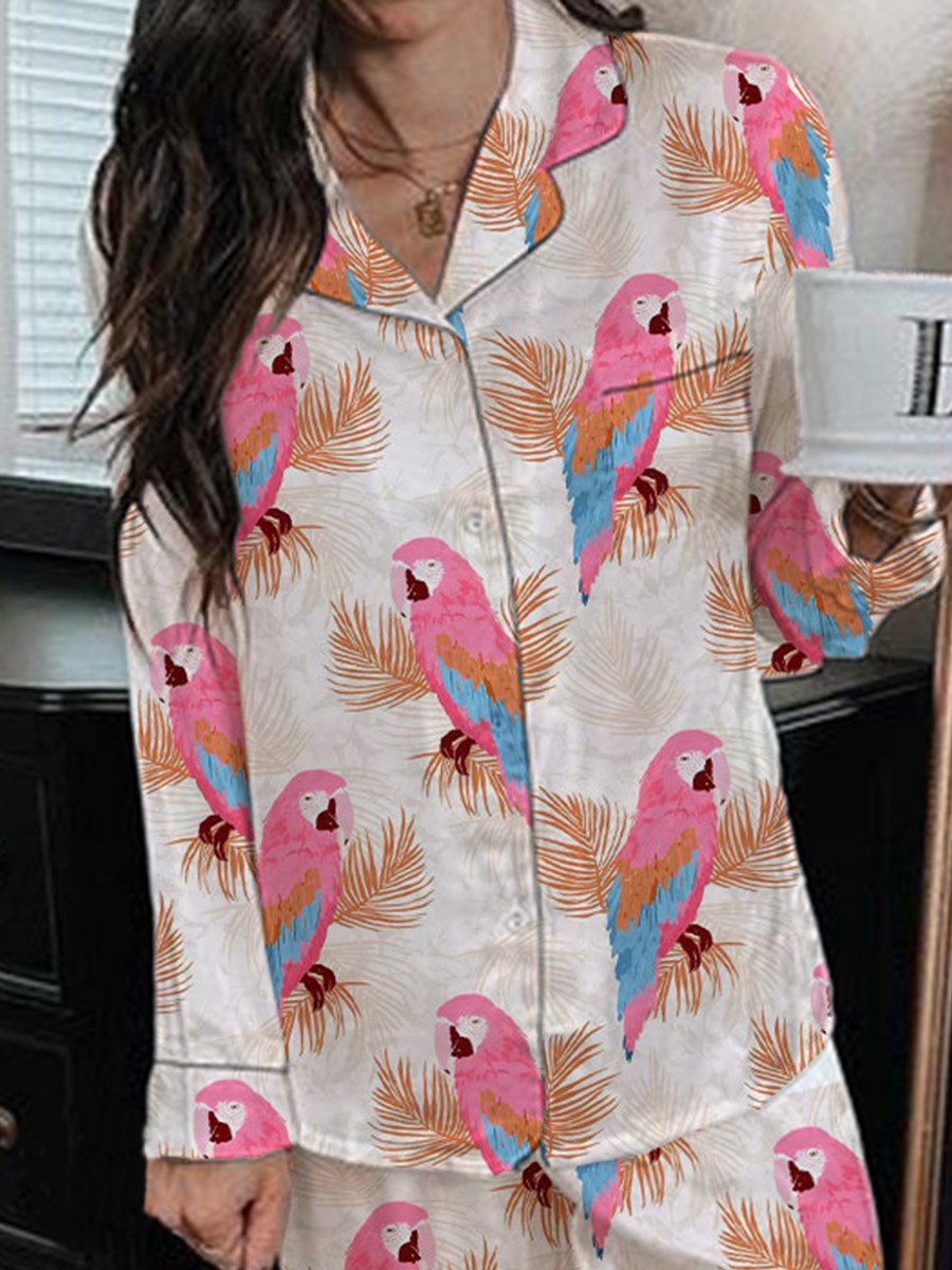 Women's Satin Funny Parrot Cute Animal Print Home Long Sleeve Suit