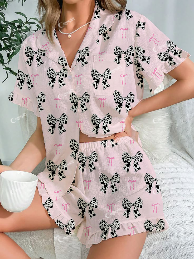 Women's Pink Leopard Bow Printed Linen Cotton Short Suit