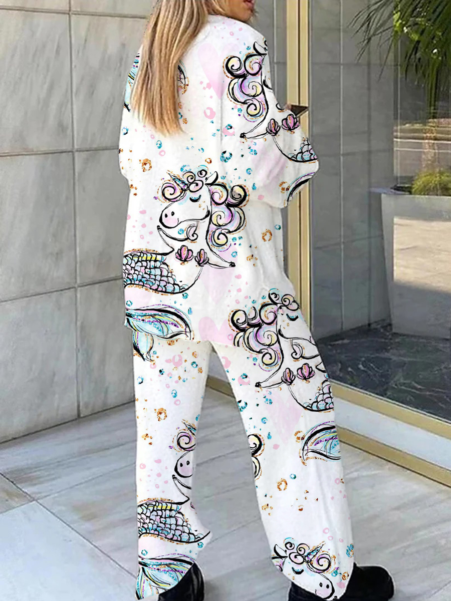 Women's White Unicorn Print Home V Neck Long Sleeve Suit
