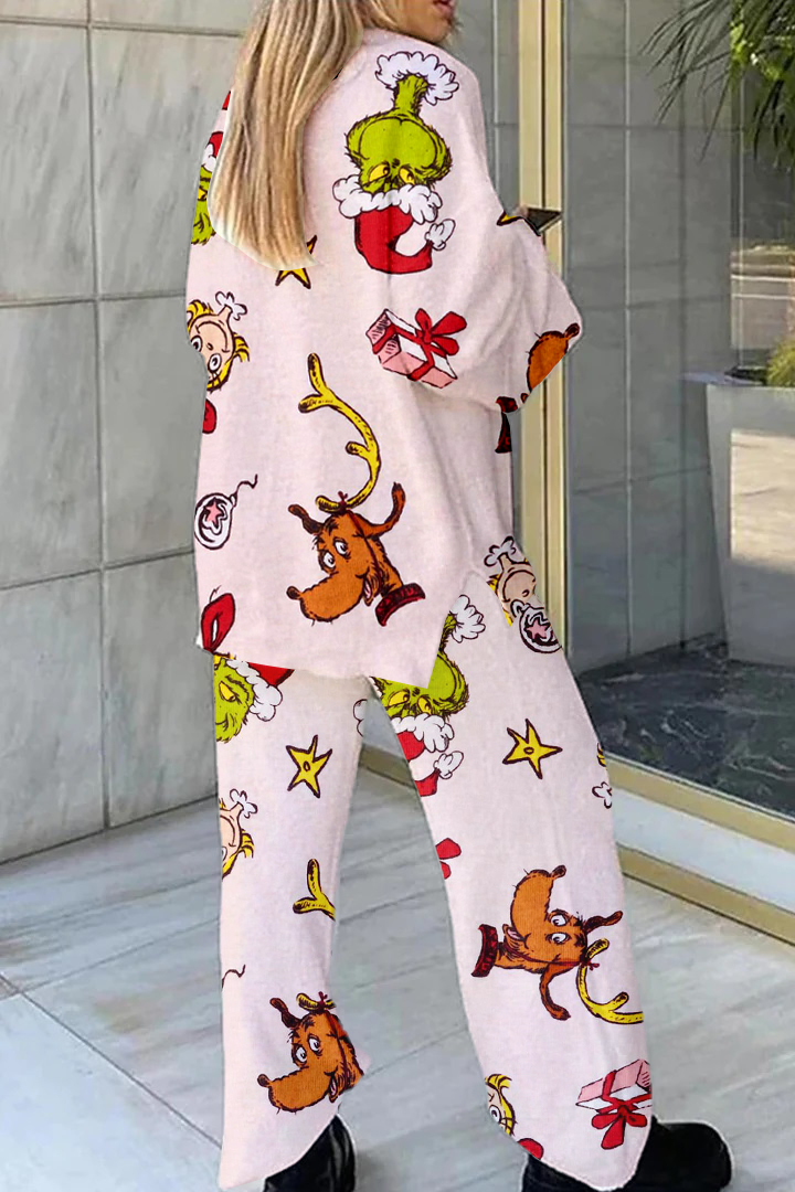 Women's Pink Christmas Grinch Fun Print Home Long Sleeve Suit