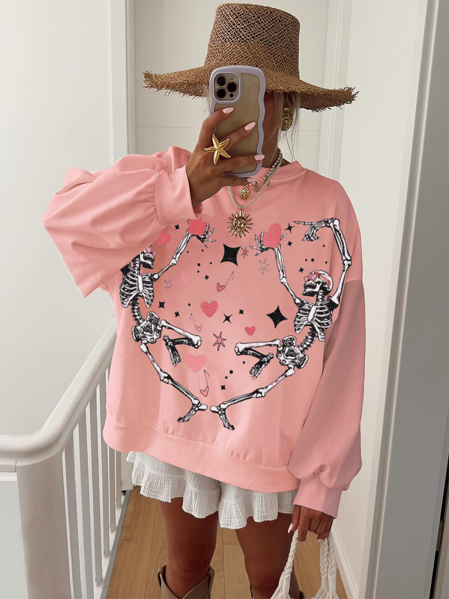 Women's Valentine's Day Fun Skull Heart Print Crew Neck Hoodless Sweatshirt