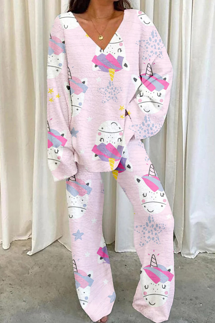 Women's Cartoon colorful kitten unicorn Print V Neck Home Long Sleeve 
