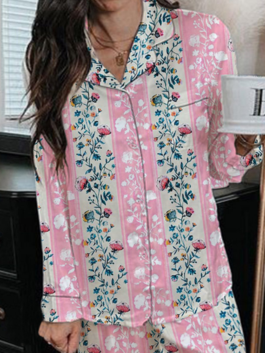 Women's Satin Art Floral Vintage Print Home Long Sleeve Suit