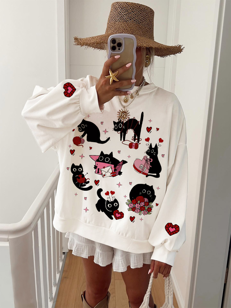 Women's Valentine's Day Black Cat Print Casual Sweatshirt