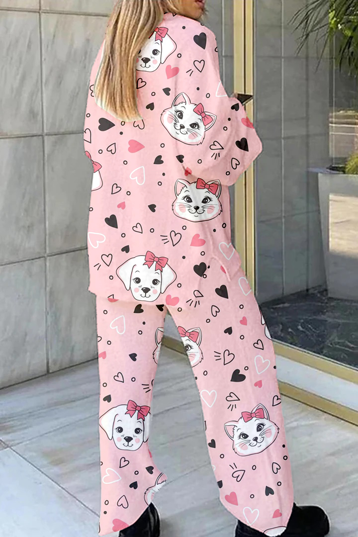 Women's Pink Cartoon Cat Dog Printed Casual Homewear Set
