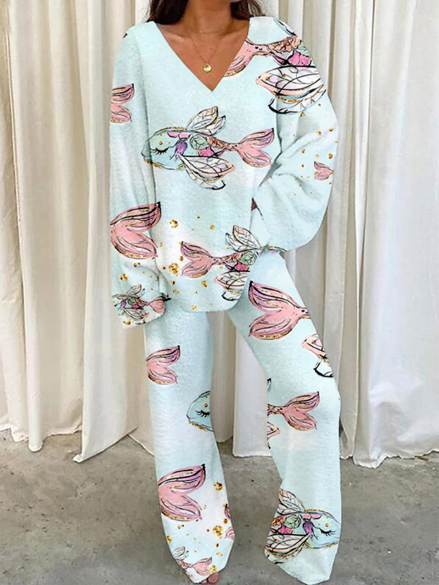 Women's Blue Fish Print Home V Neck Long Sleeve Suit
