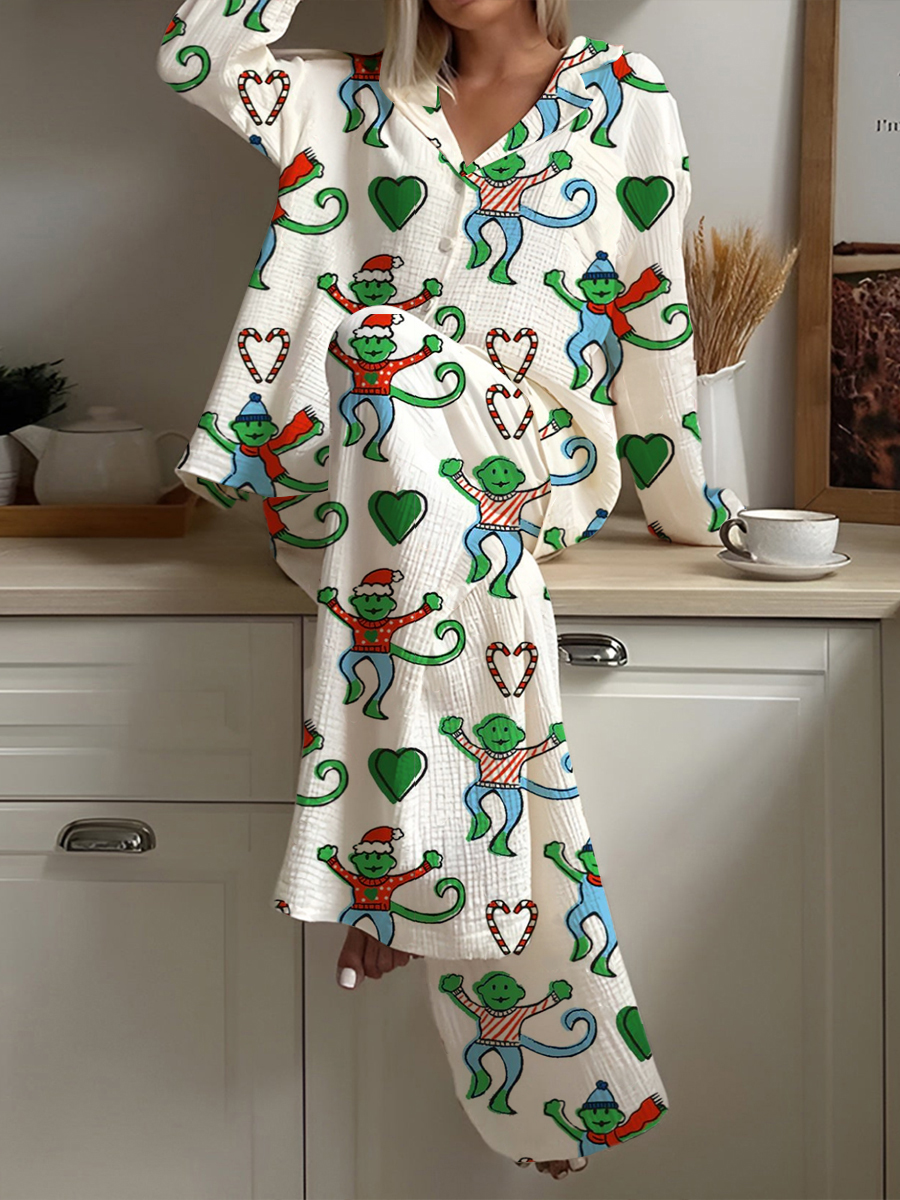 Women's Christmas Fun Print Home Long Sleeve Suit