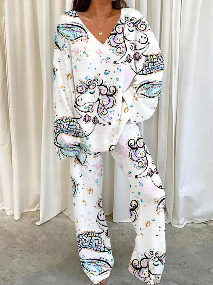 Women's White Unicorn Print Home V Neck Long Sleeve Suit
