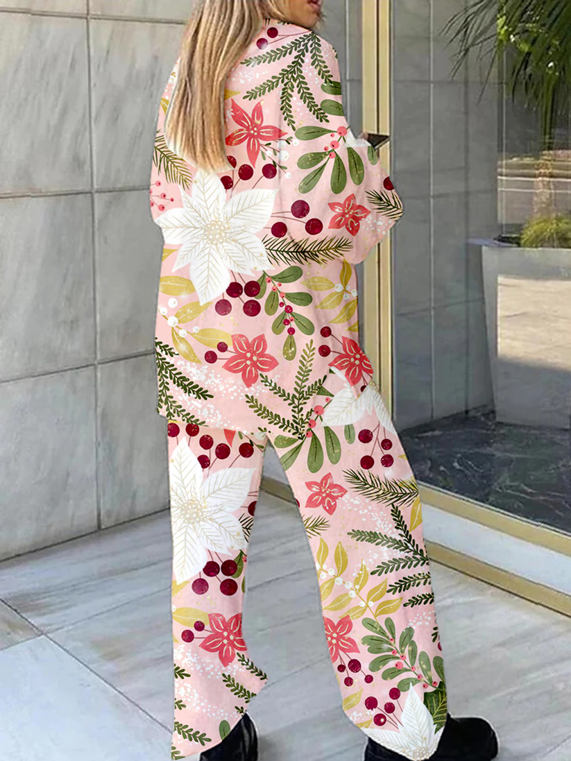 Women's Pink Flower Print Home V Neck Long Sleeve Suit