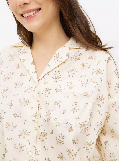 Cream Floral Print Traditional Woven Pyjamas Set