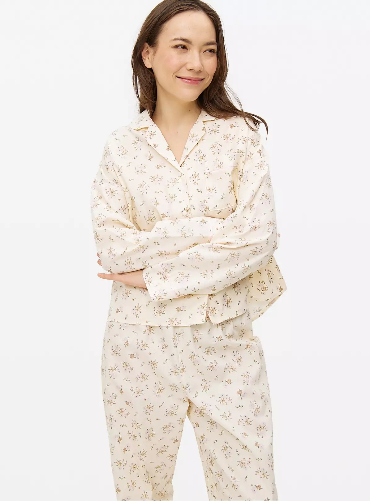 Cream Floral Print Traditional Woven Pyjamas Set