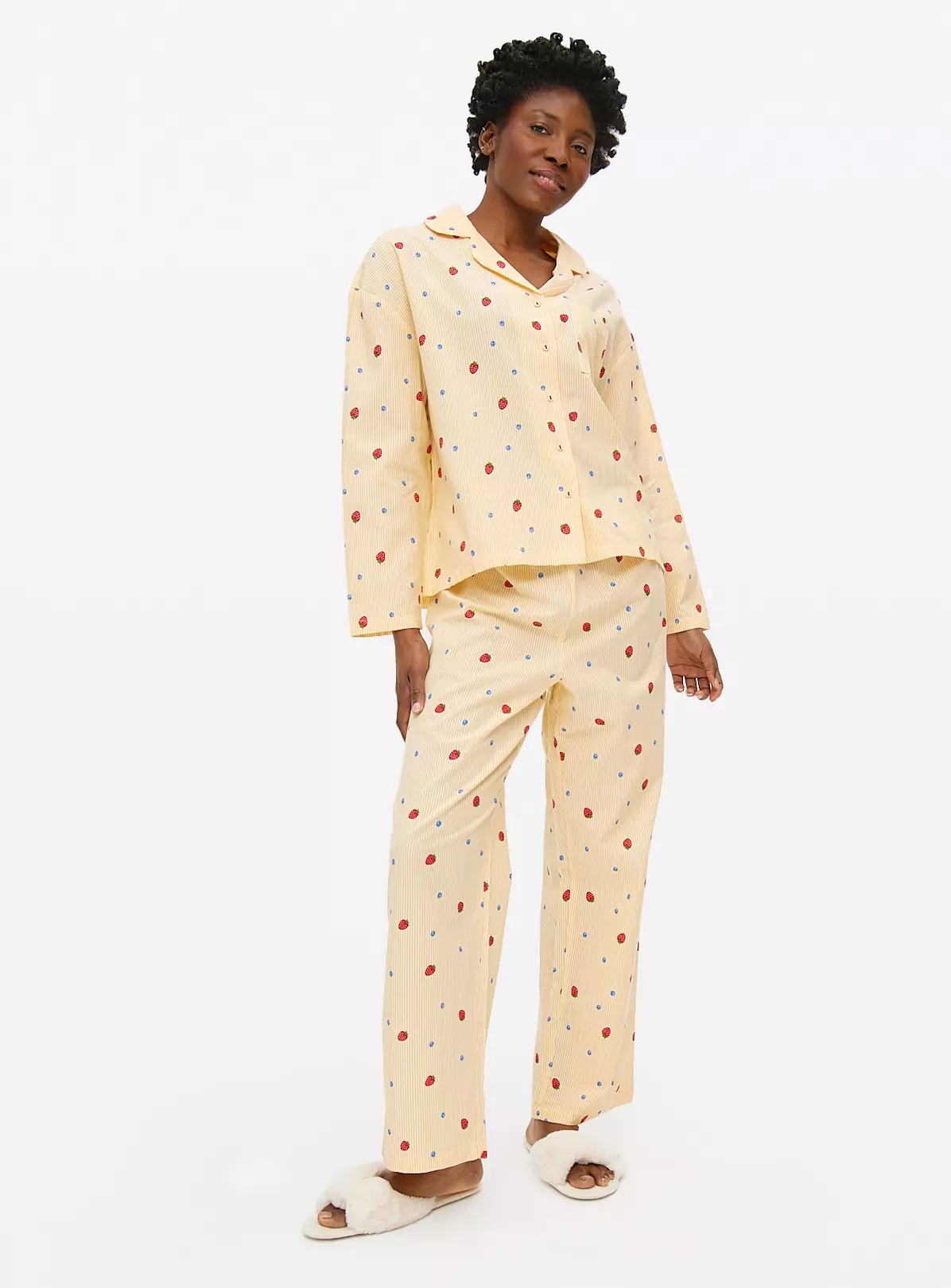 Yellow Stripe Fruit Print Traditional Pyjamas Set