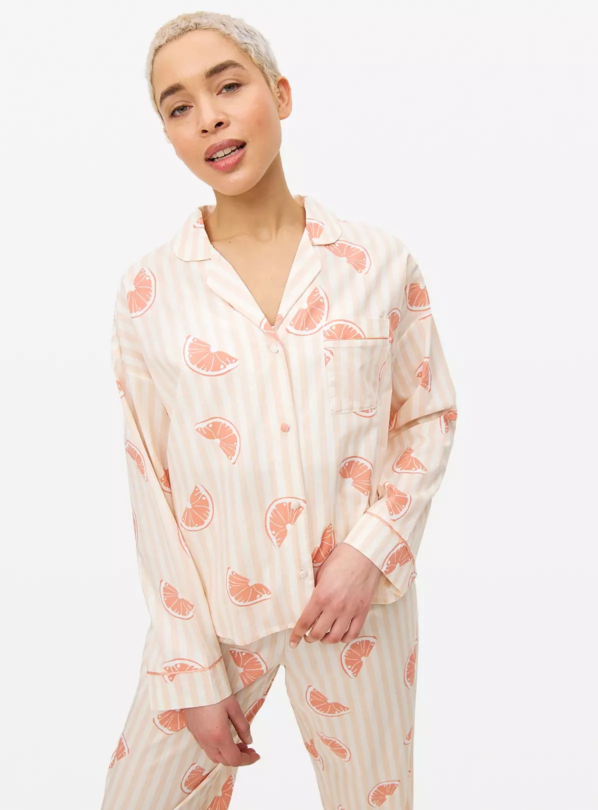 Pink Grapefruit Print Striped Traditional Pyjamas