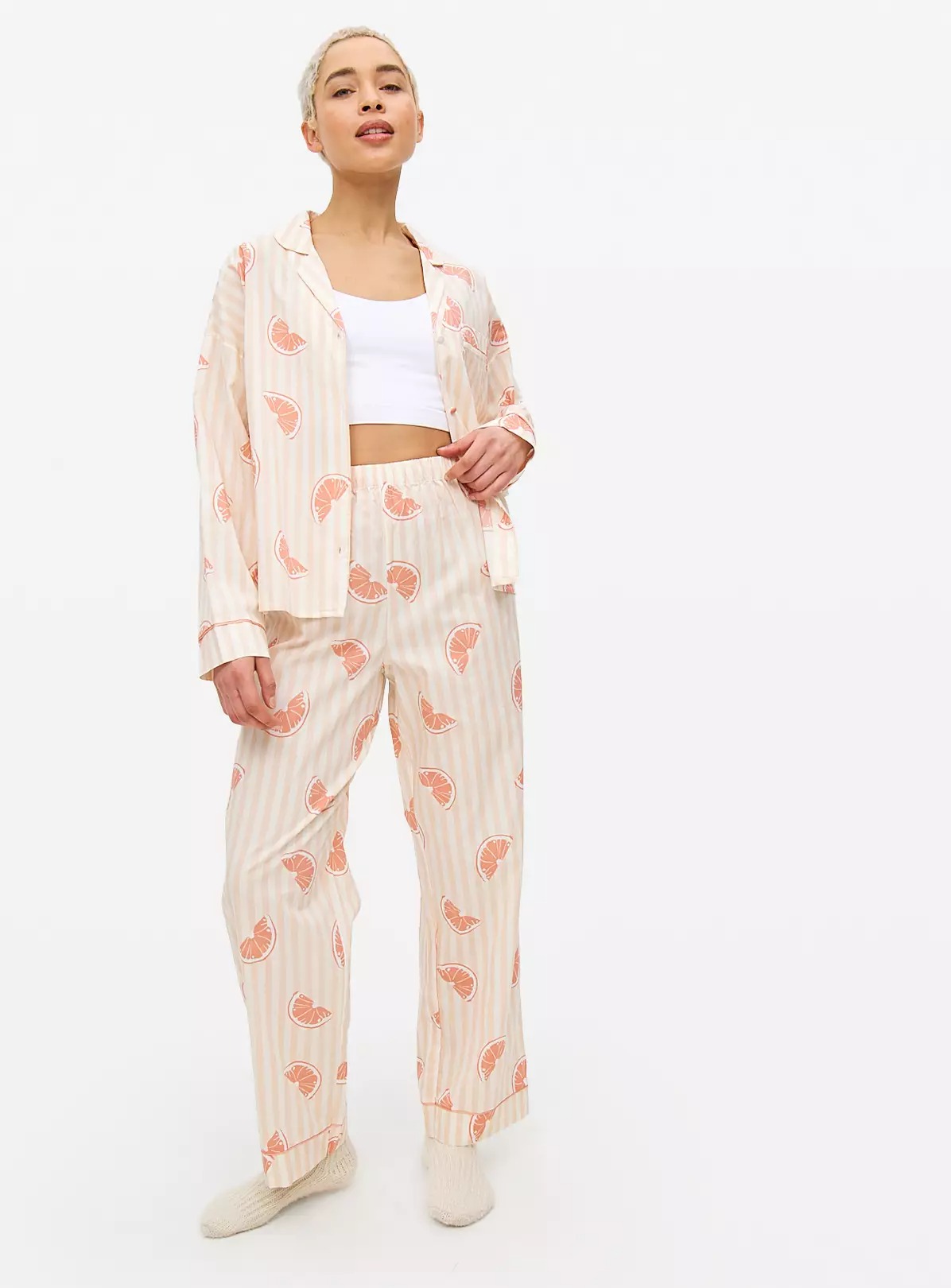 Pink Grapefruit Print Striped Traditional Pyjamas