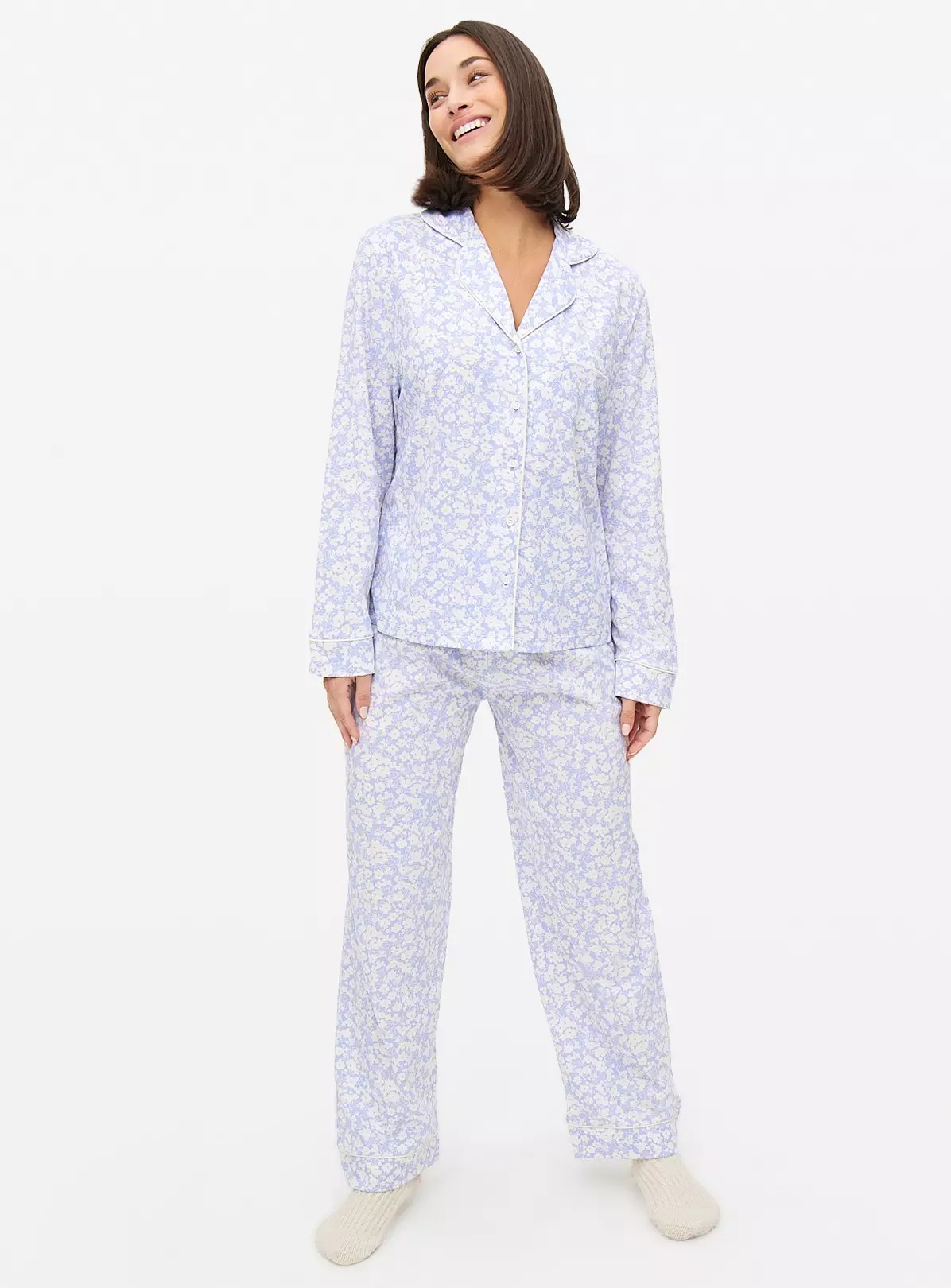 Blue Floral Print Jersey Traditional Pyjamas