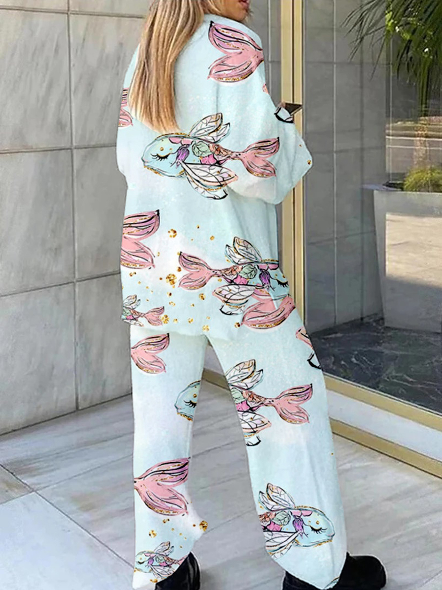 Women's Blue Fish Print Home V Neck Long Sleeve Suit