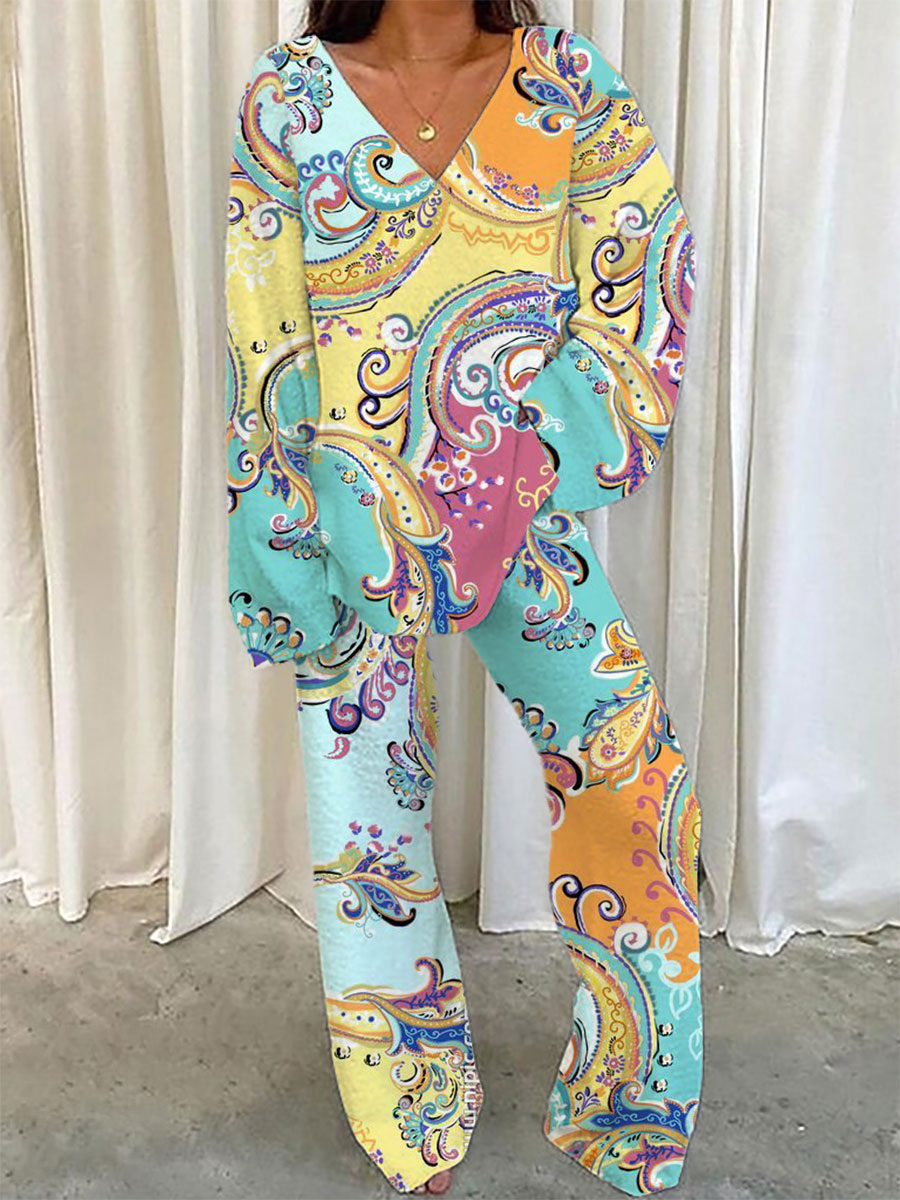 Women's Bohemian Colorful Pattern V-Neck Long Sleeve Pants Set