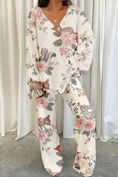 Women's Vintage Floral Deer Printed Casual Homewear Set