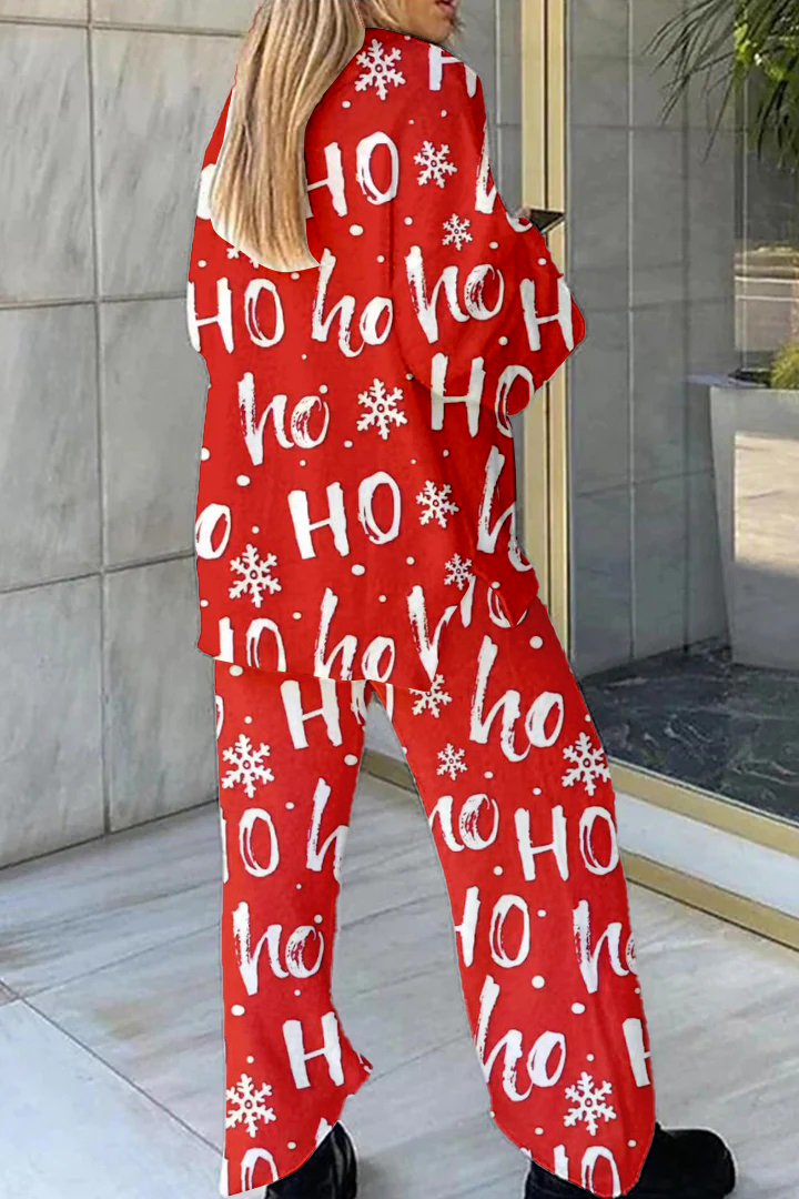Women's Red Christmas Letter Print Home Long Sleeve Suit