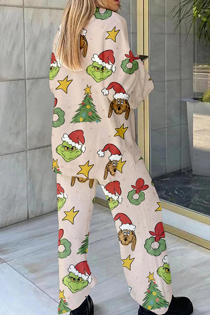 Women's Christmas Grinch Print Home Long Sleeve Suit