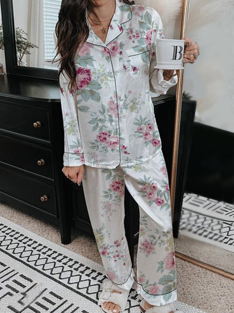 Women's Romantic Rose Pattern Long Sleeve Pants Suit