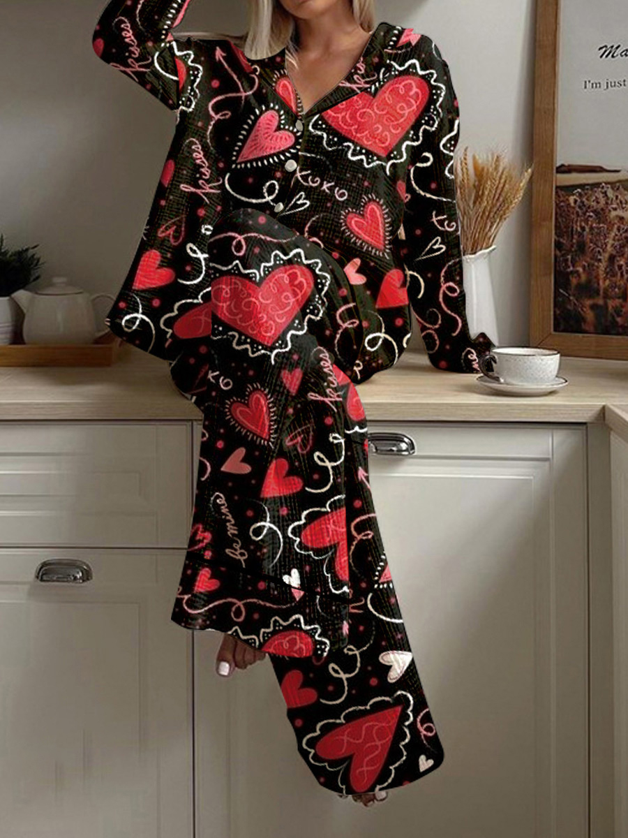 Women's Valentine's Day Romantic Heart Pattern Long Sleeve Pants Set