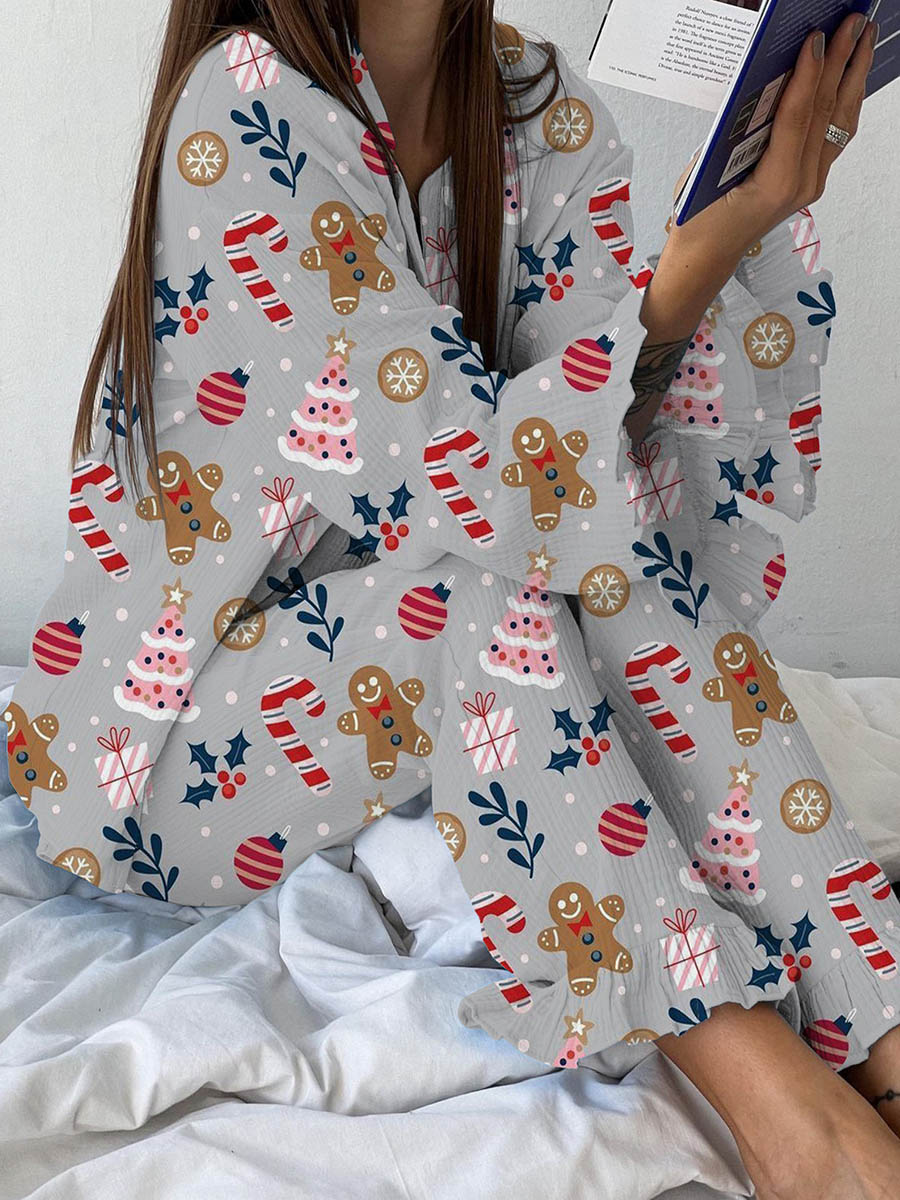 Women's Gray Christmas Gingerbread Man Cartoon Print Linen Cotton Suit