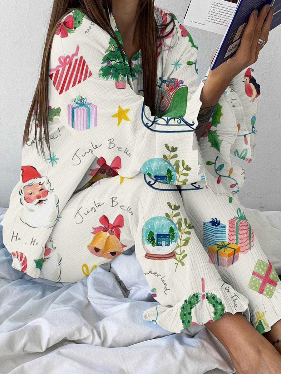 Women's Fun Christmas Cartoon Print Linen Cotton Suit