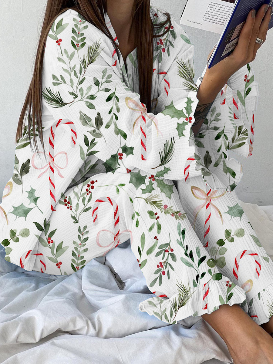 Women's Christmas Print Linen Cotton Suit
