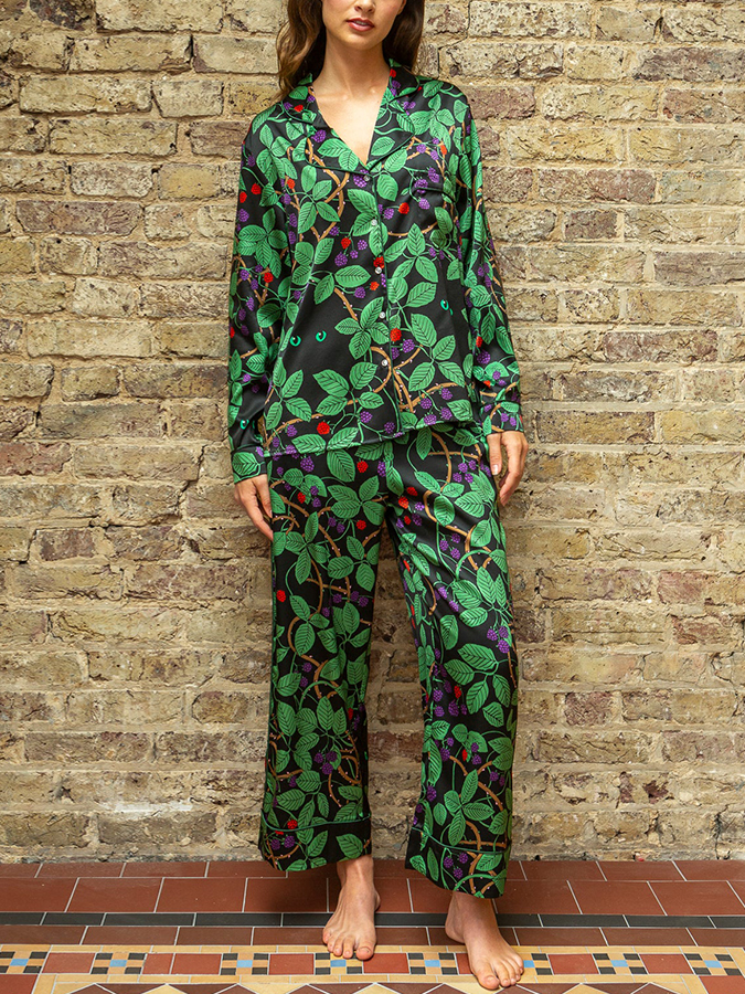 Women's Lapel Leaf Cat Print Long Sleeve Pajama Set