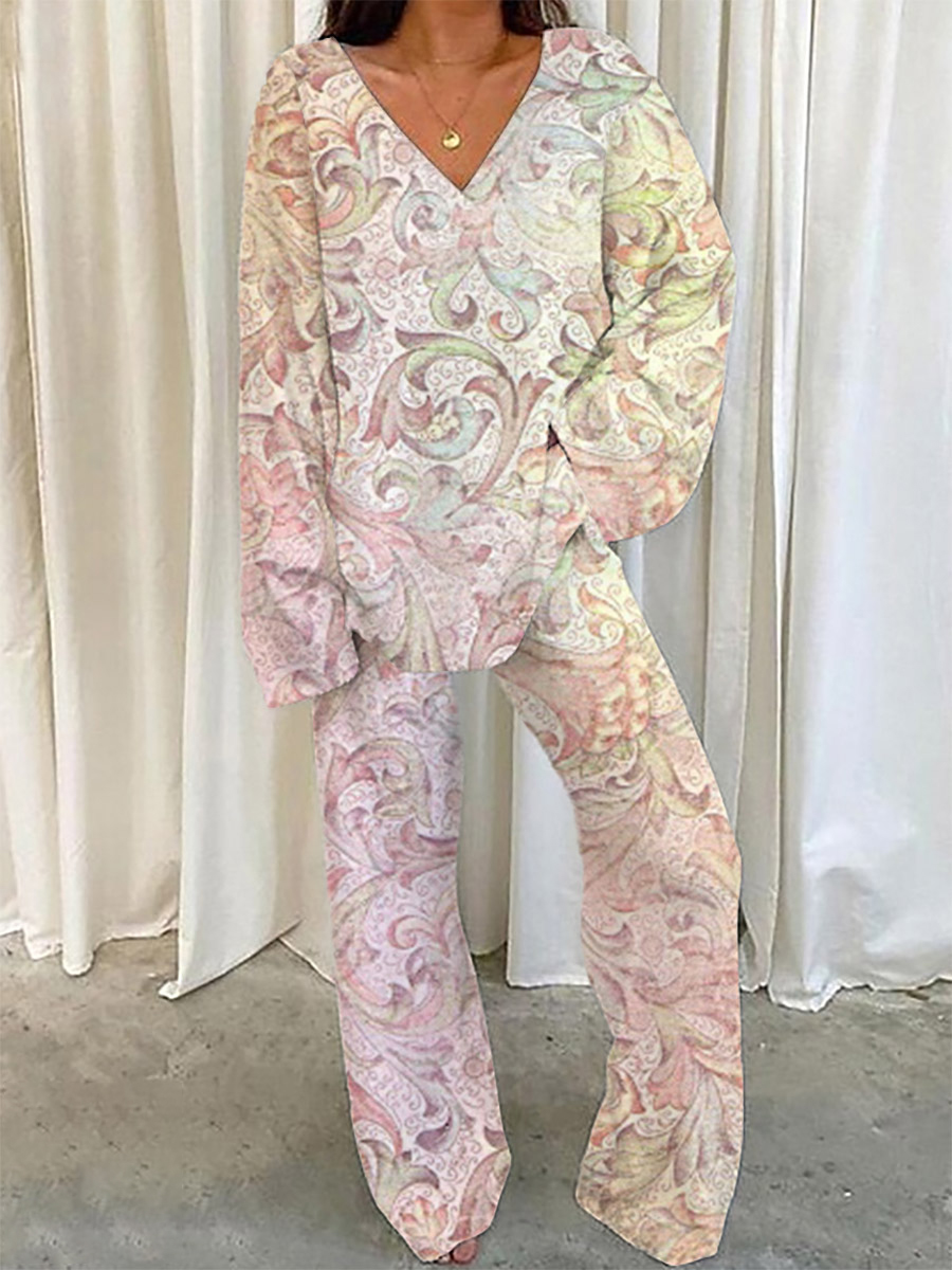 Women's Romantic Bohemian Pattern V-Neck Long Sleeve Pants Set