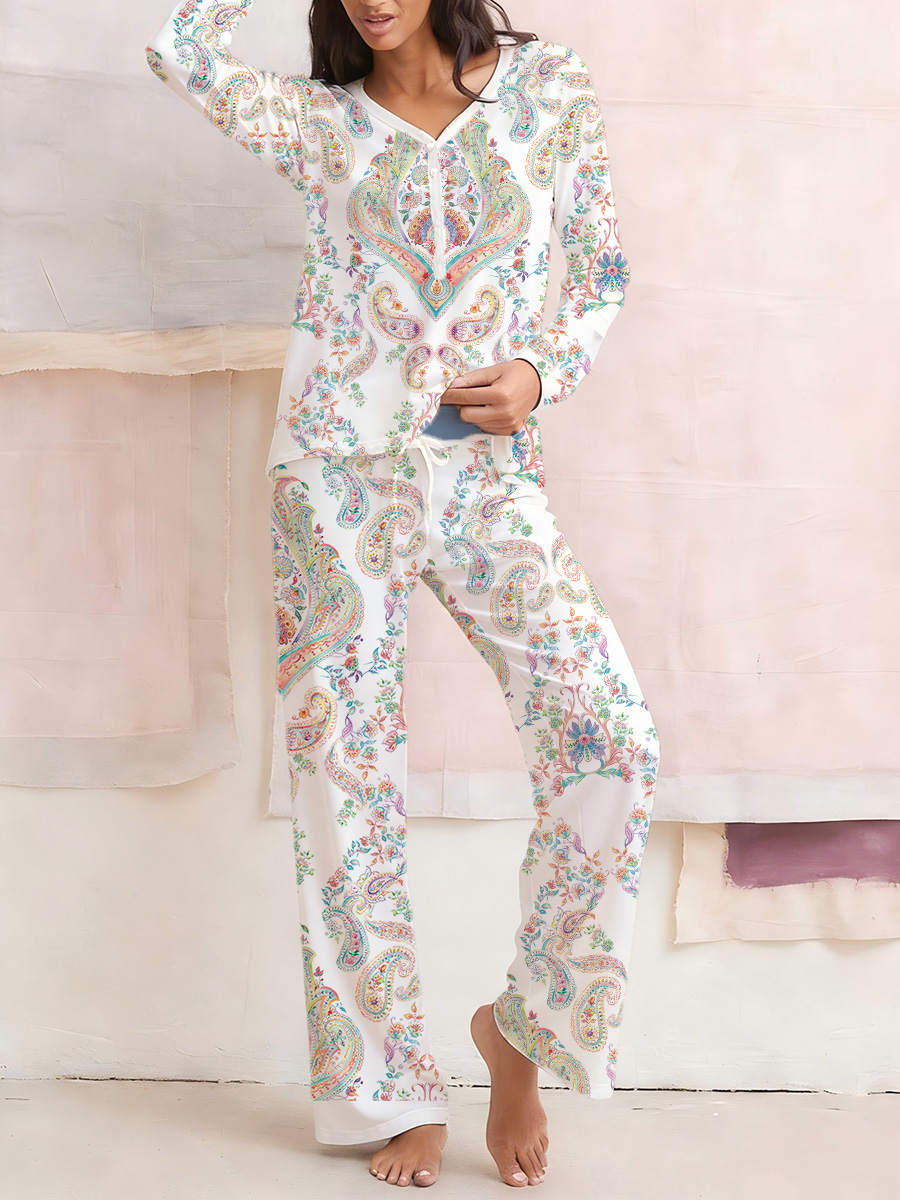 Colordate Women's Floral Print Long Sleeve Cotton Homewear Set