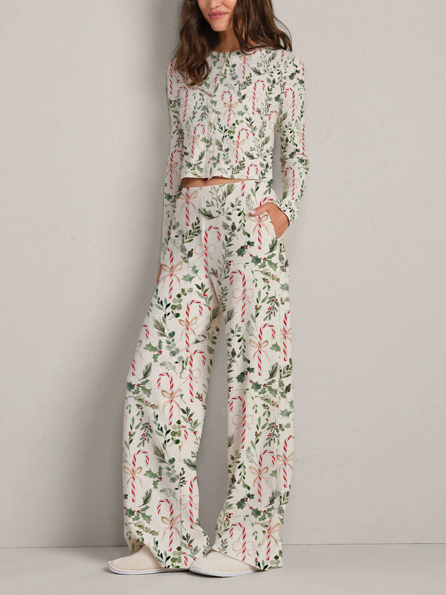 Colordate Women's Christmas Elements Print Long Sleeve Suit