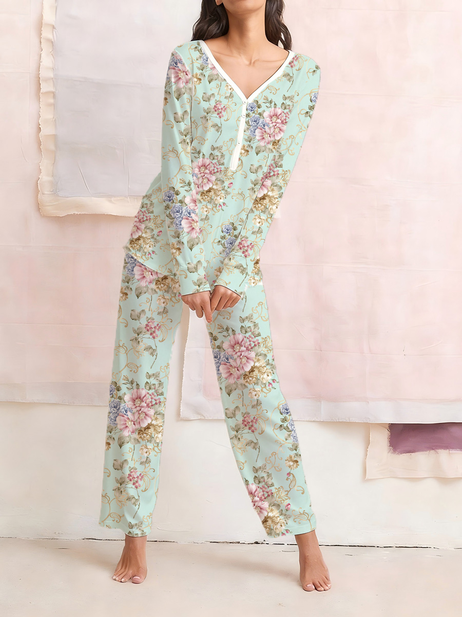 Colordate Women's Pink Floral Print Long Sleeve Cotton Homewear Set