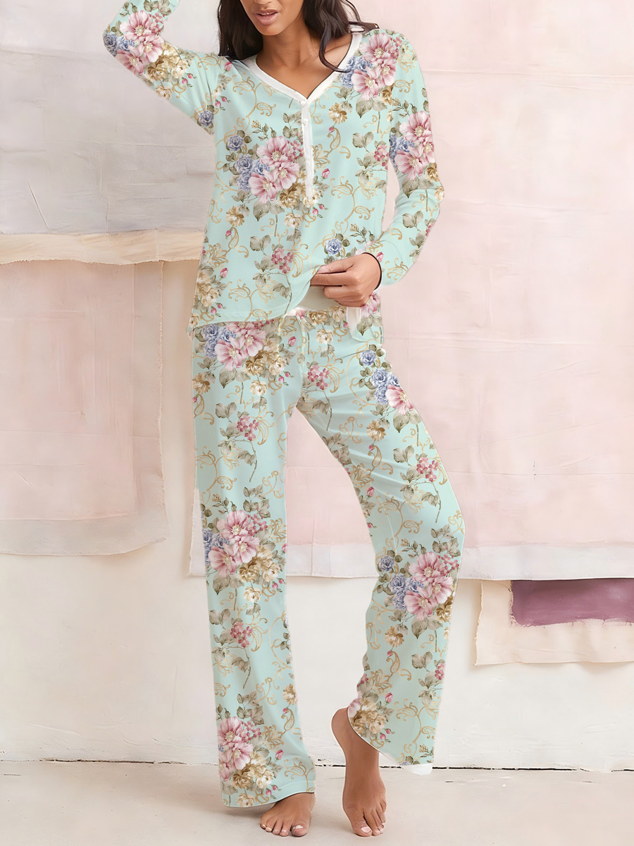 Colordate Women's Pink Floral Print Long Sleeve Cotton Homewear Set